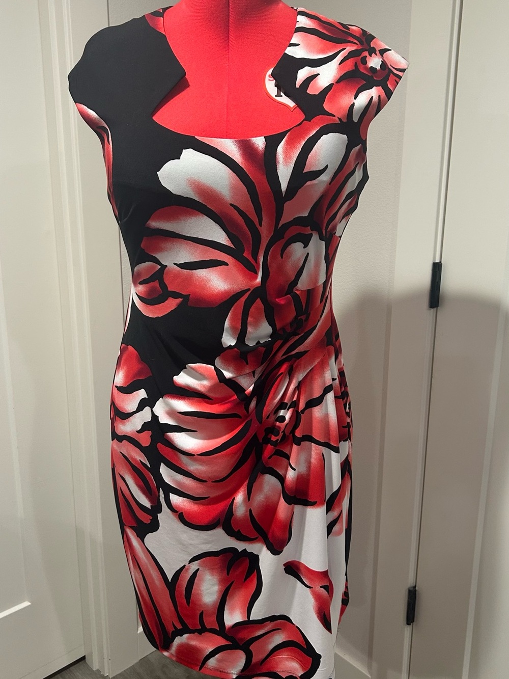 connected apparel Black Midi Dress with Red and White Floral Design